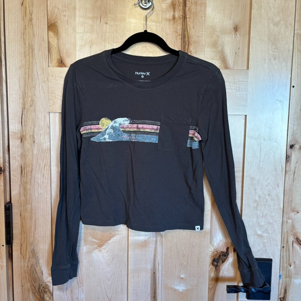 Hurley Long Sleeved Cropped Pocket T Shirt XS 100% Cotton Dark Gray Wave